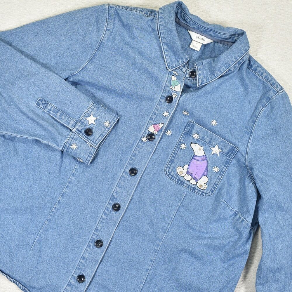 VTG Y2K Christopher Banks Denim Shirt Embroidered Christmas Polar Bear Stars 1X